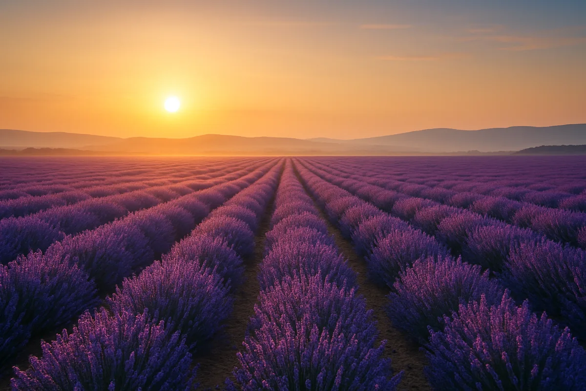 Champ de lavande en fleurs au coucher du soleil