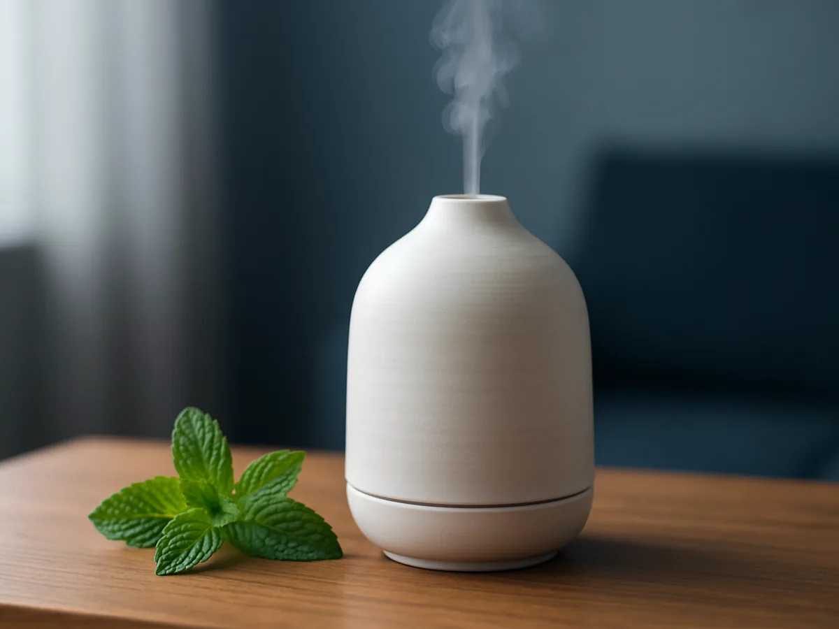 Diffuseur en céramique avec vapeur et brin de menthe poivrée